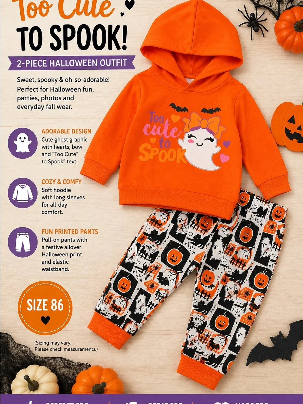 Too Cute to Spook Orange Hoodie & Halloween Print Pants - Kids One-Piece Set
